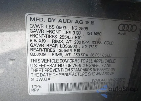 2017 Audi Q7 3.0T Premium z USA, uszkodzony, nr VIN WA1LAAF72HD026215